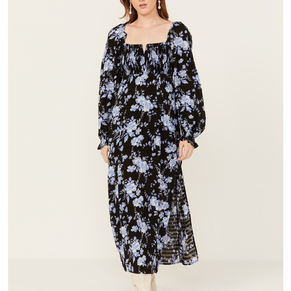 Free People Jaymes Black and Blue Floral Long Sleeve Dress